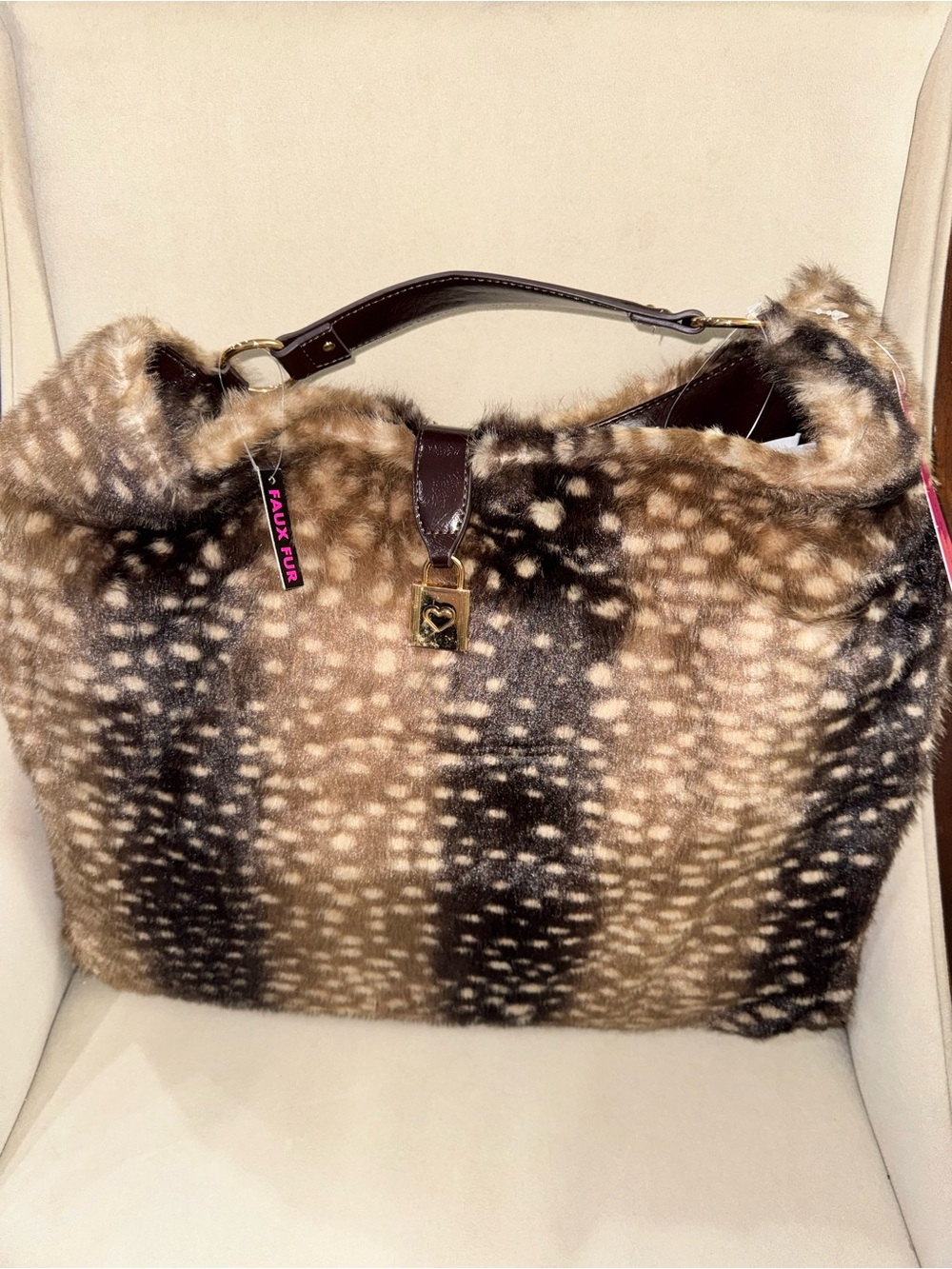 Betsey Johnson Brown Spotted Faux Fur Tote